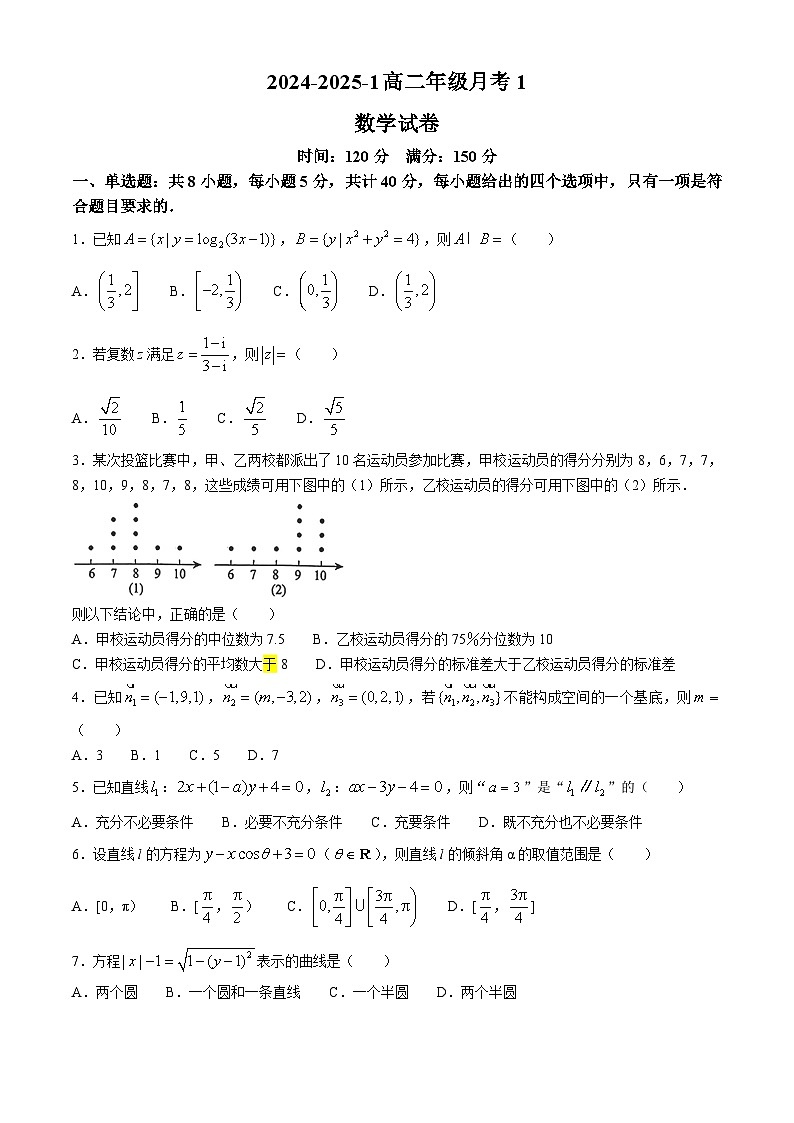 陕西省西安市碑林区铁一中学2024-2025学年高二上学期第一次月考数学试题(无答案)01