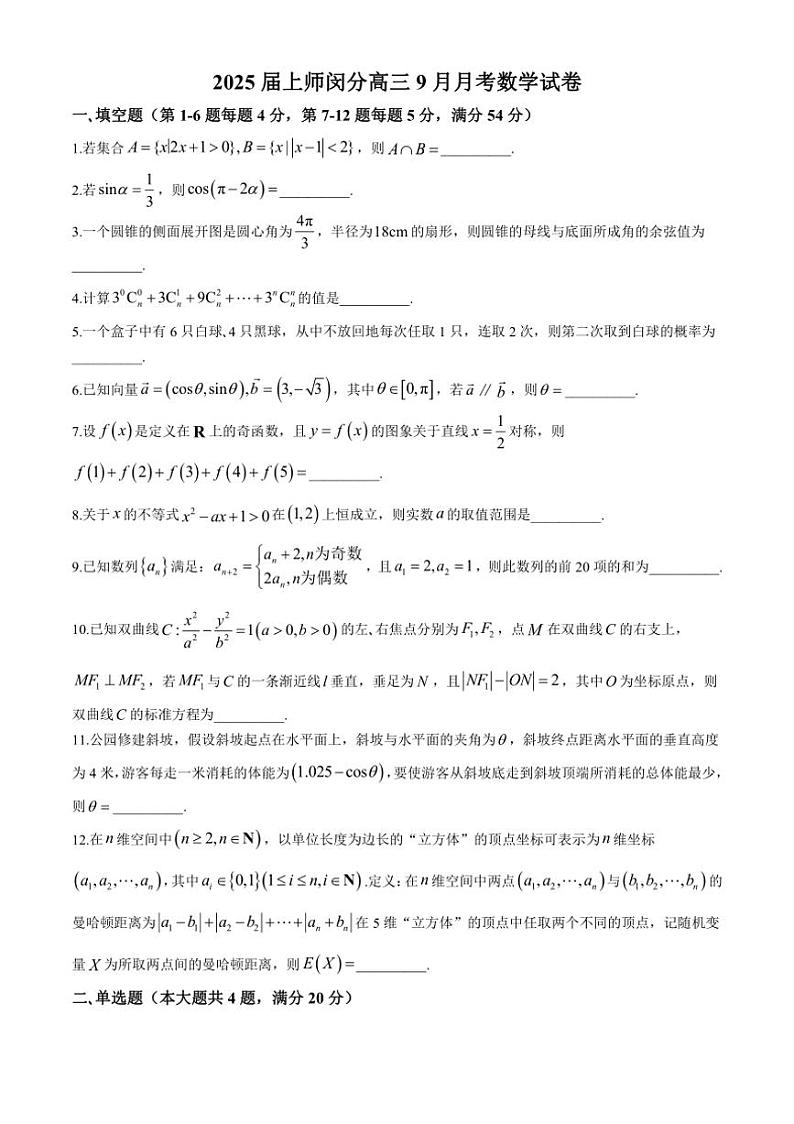 [数学]上海市上海师范大学附属中学闵行分校2024～2025学年高三上学期9月月考试题(有解析)01