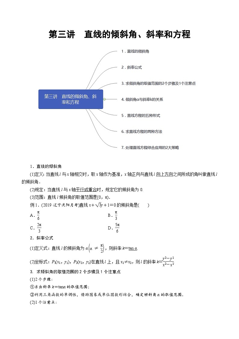 高一数学下册期末考点大串讲(人教A版)第3讲直线的倾斜角、斜率和方程(知识点串讲)特训（学生版+解析）01