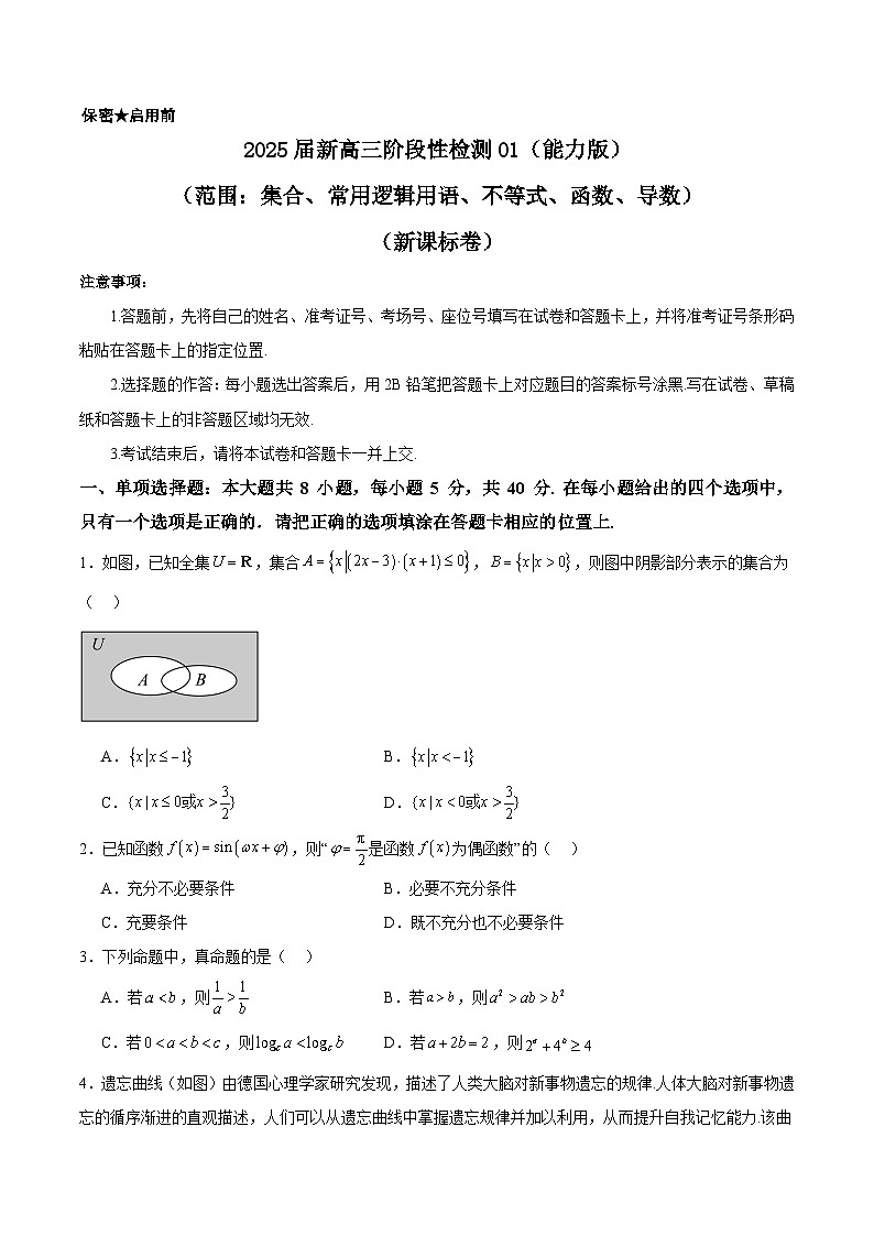 2025届新高三阶段性检测01 能力版（范围：集合、常用逻辑用语、不等式、函数、导数）（原卷版）第1页