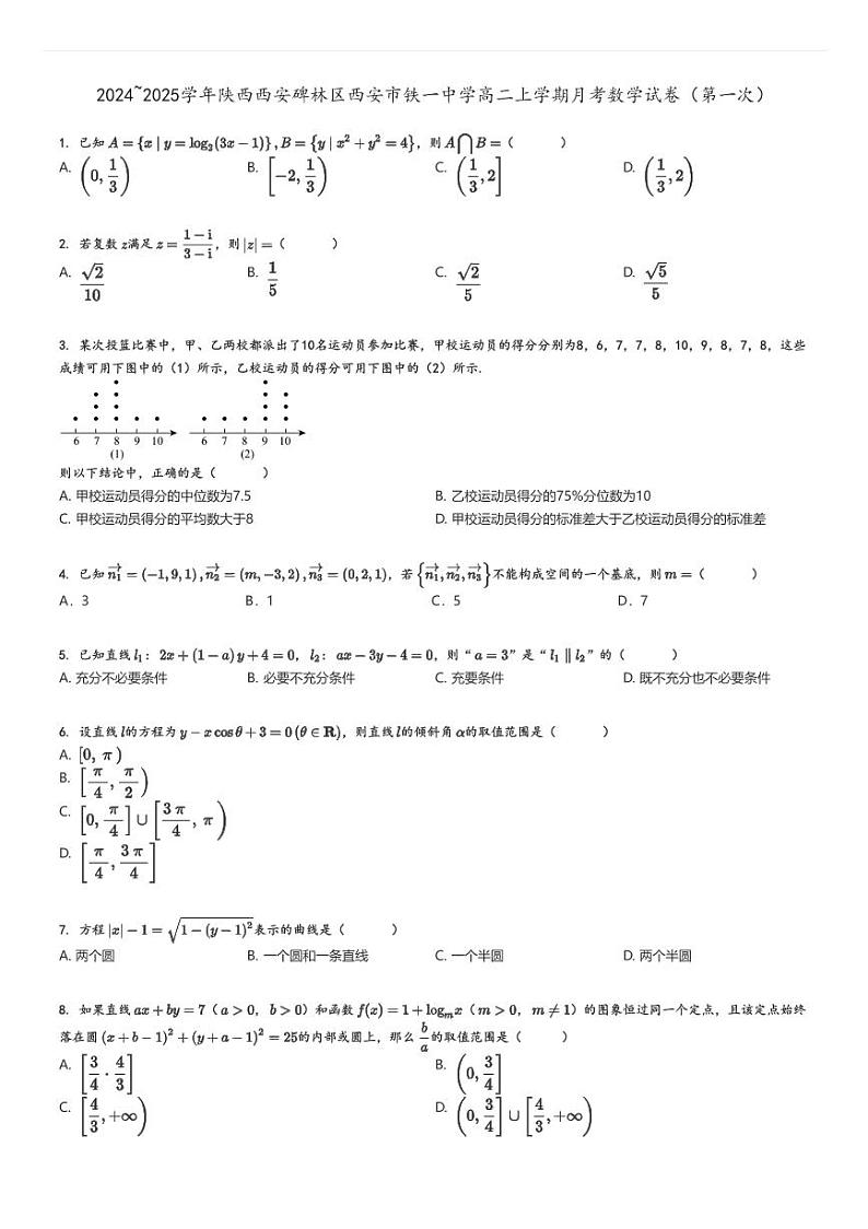 [数学]2024～2025学年陕西西安碑林区西安市铁一中学高二上学期月考试卷(第一次)(原题版+解析版)01