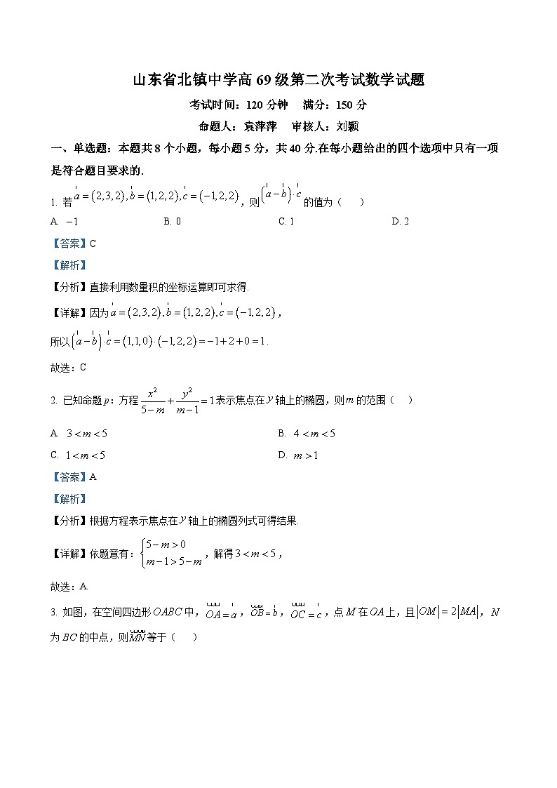 山东省滨州市北镇中学2024-2025学年高二上学期第二次考试9月月考数学试题word版含解析第1页