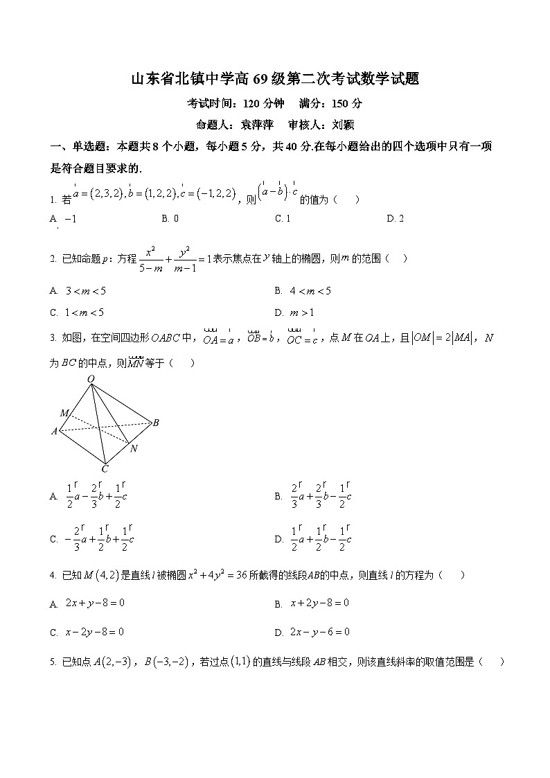 山东省滨州市北镇中学2024-2025学年高二上学期第二次考试9月月考数学试题第1页