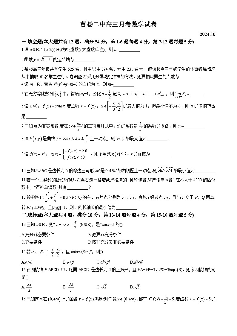上海市曹杨第二中学2024-2025学年高三上学期10月月考数学试题第1页