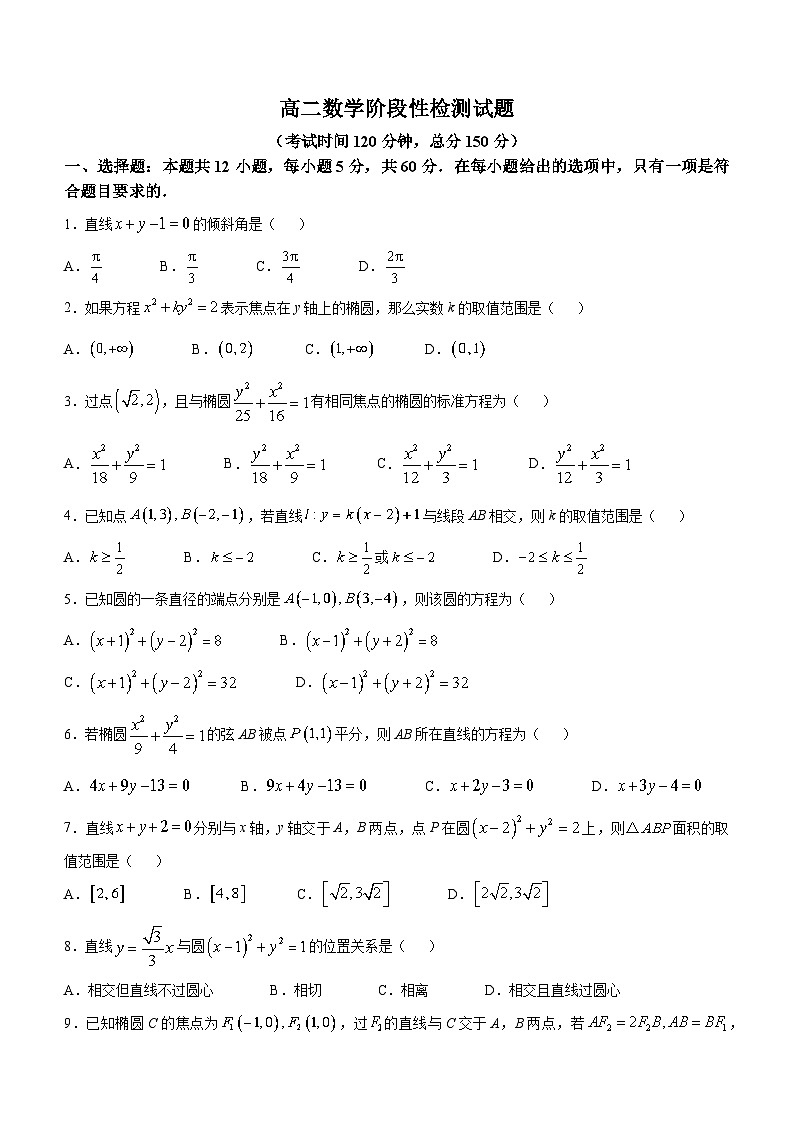 北京市北京工业大学附属中学2024-2025学年高二上学期10月阶段性检测数学试题(无答案)第1页