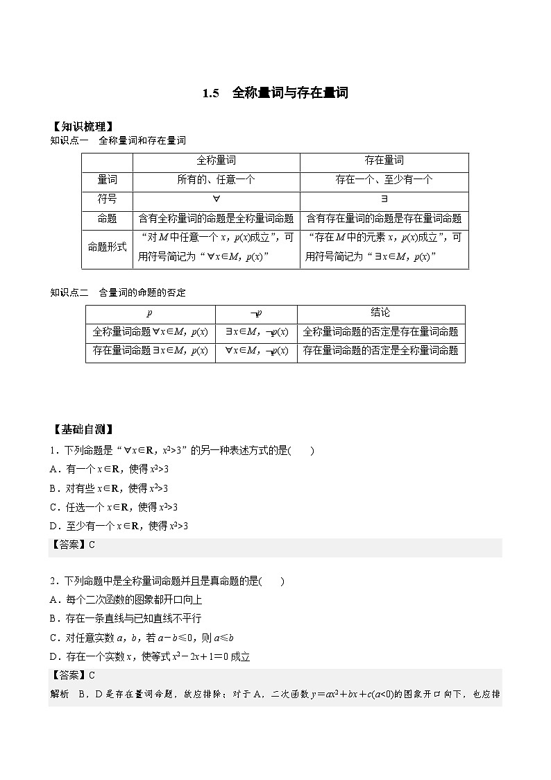 高一预习-1.5 全称量词与存在量词（教师版）-初升高数学暑假衔接（人教版）第1页