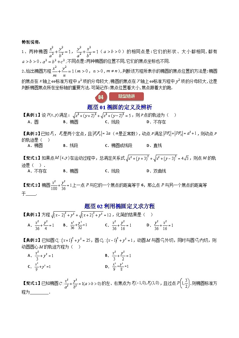 人教A版高中数学（选择性必修第一册）同步讲义+题型讲解第20讲 3.1 椭圆（原卷版+教师版）03