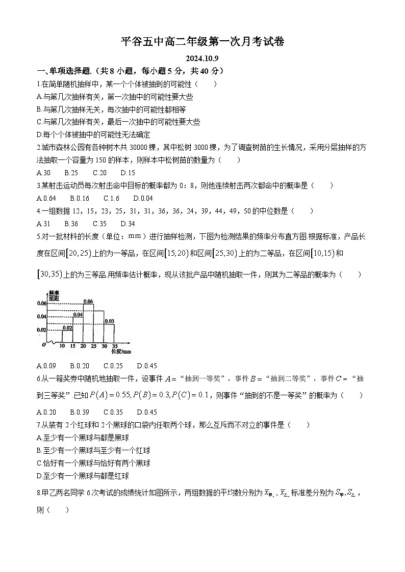 北京市平谷区第五中学2024-2025学年高二上学期10月月考数学试卷(无答案)第1页