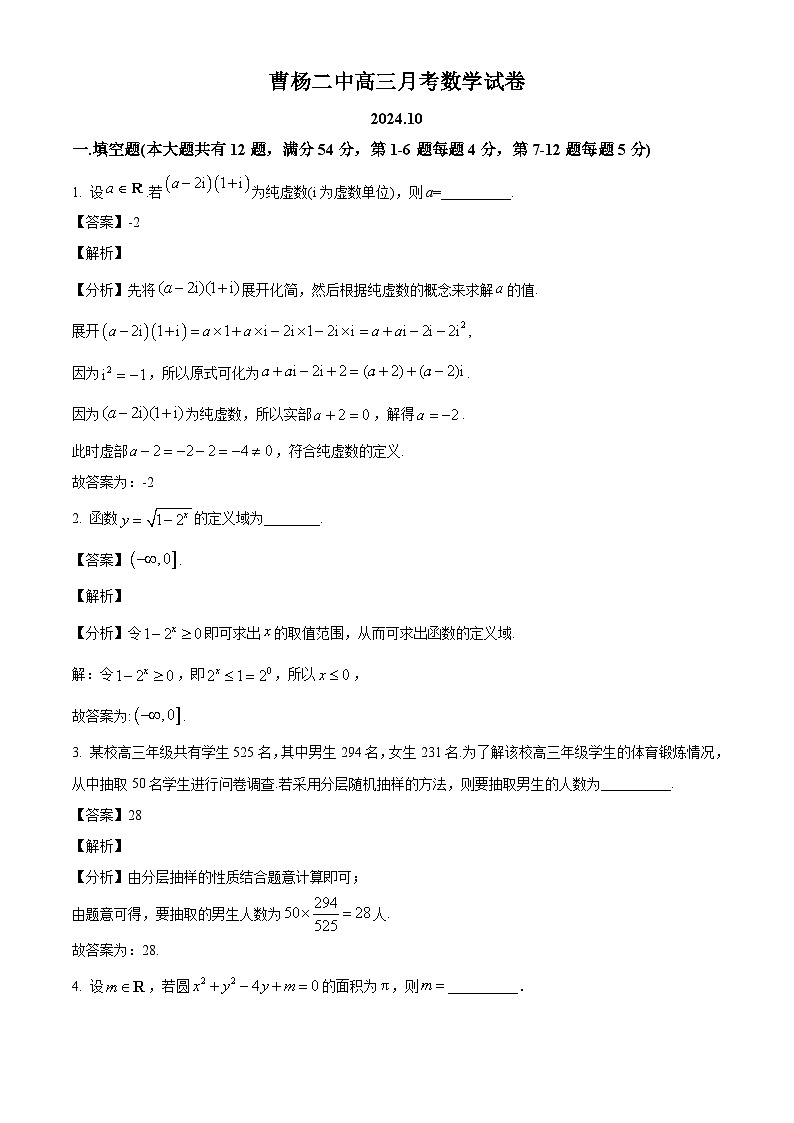 上海市曹杨第二中学2024-2025学年高三上学期10月月考数学试题（解析版）第1页