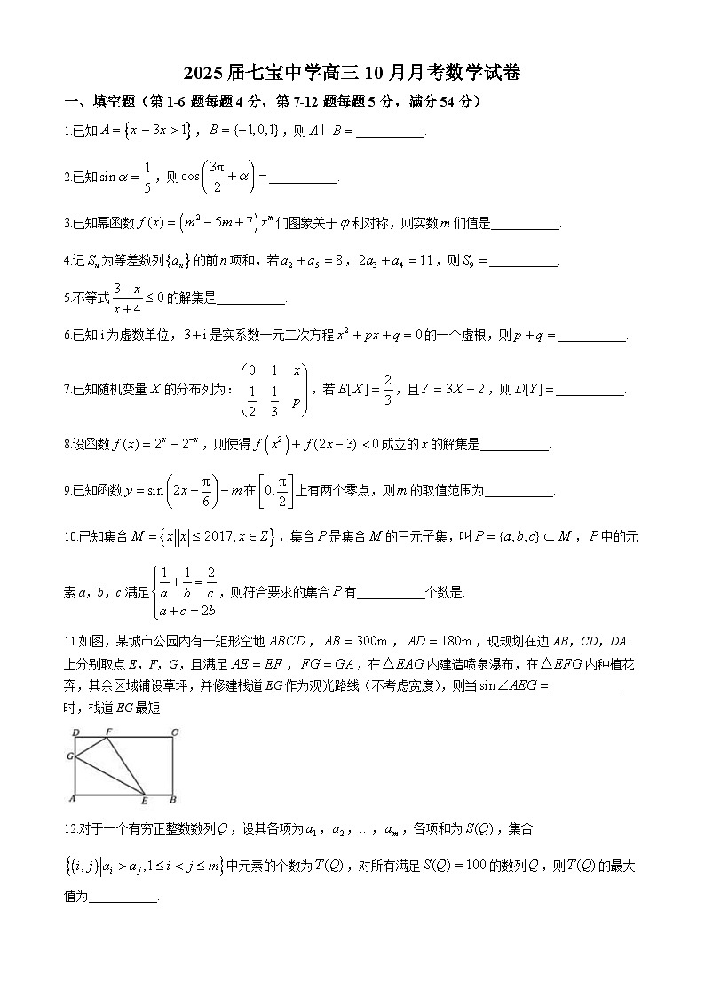 上海市七宝中学2024-2025学年高三上学期10月月考数学试题第1页
