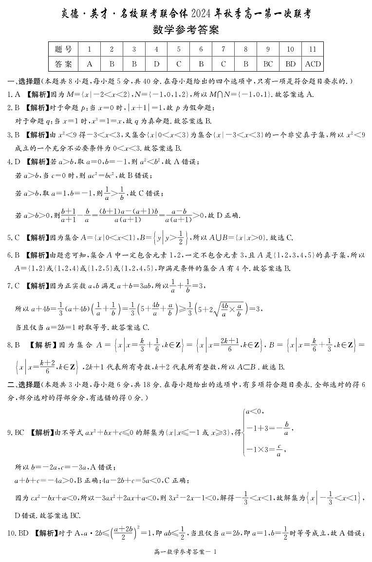 24级炎德英才高校联合体高一第一次联考秋季数学参考答案第1页