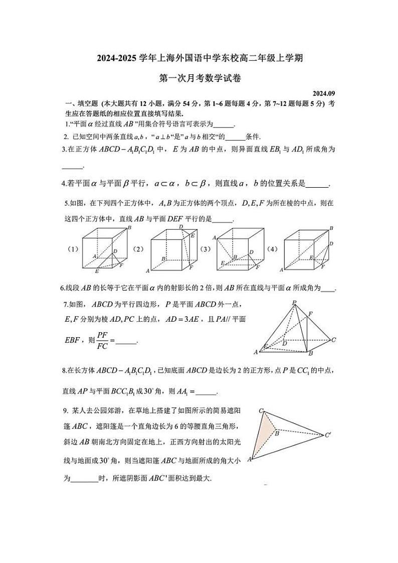 上海市上海外国语大学附属外国语学校东校2024-2025学年高二上学期9月月考数学试卷第1页