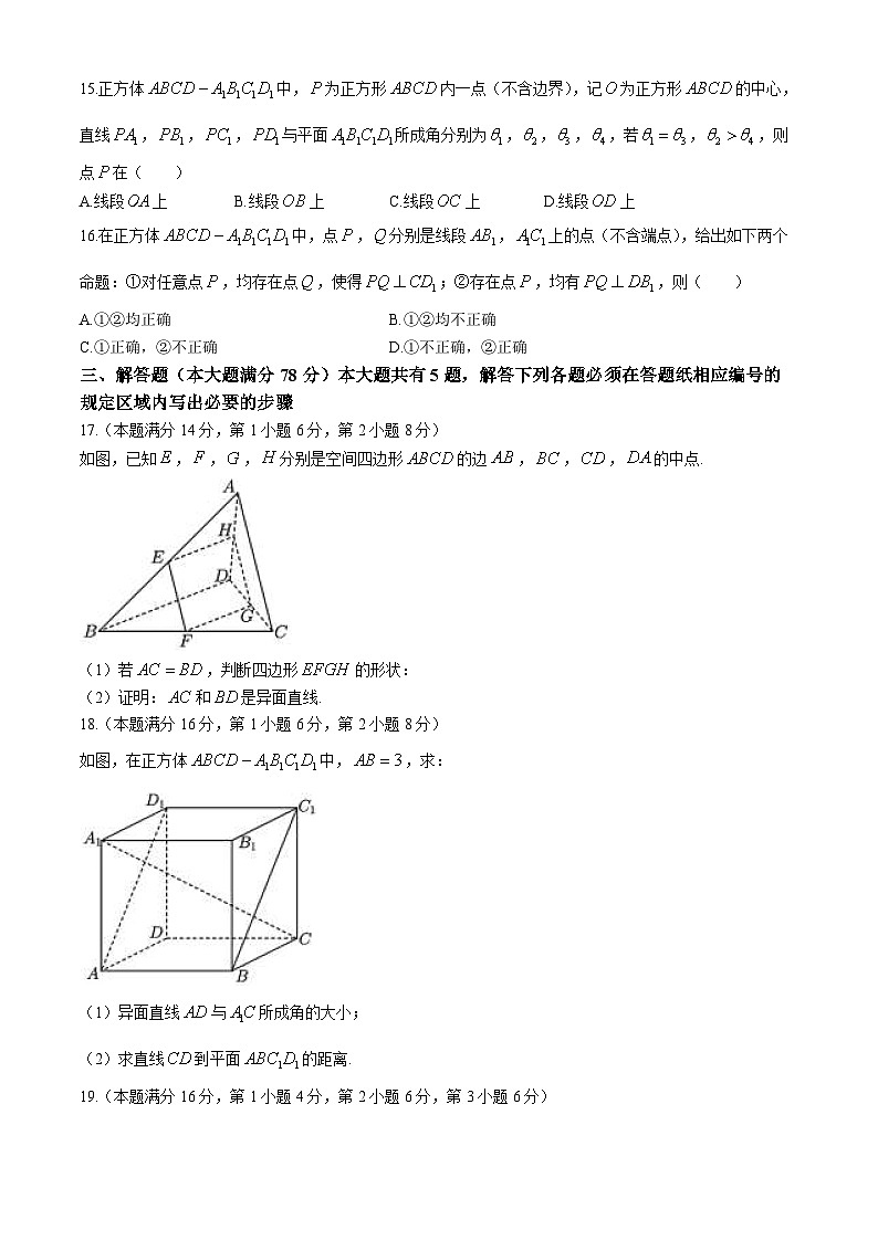 上海外国语大学附属外国语学校东校2024-2025学年高二上学期第一次月考数学试卷第3页
