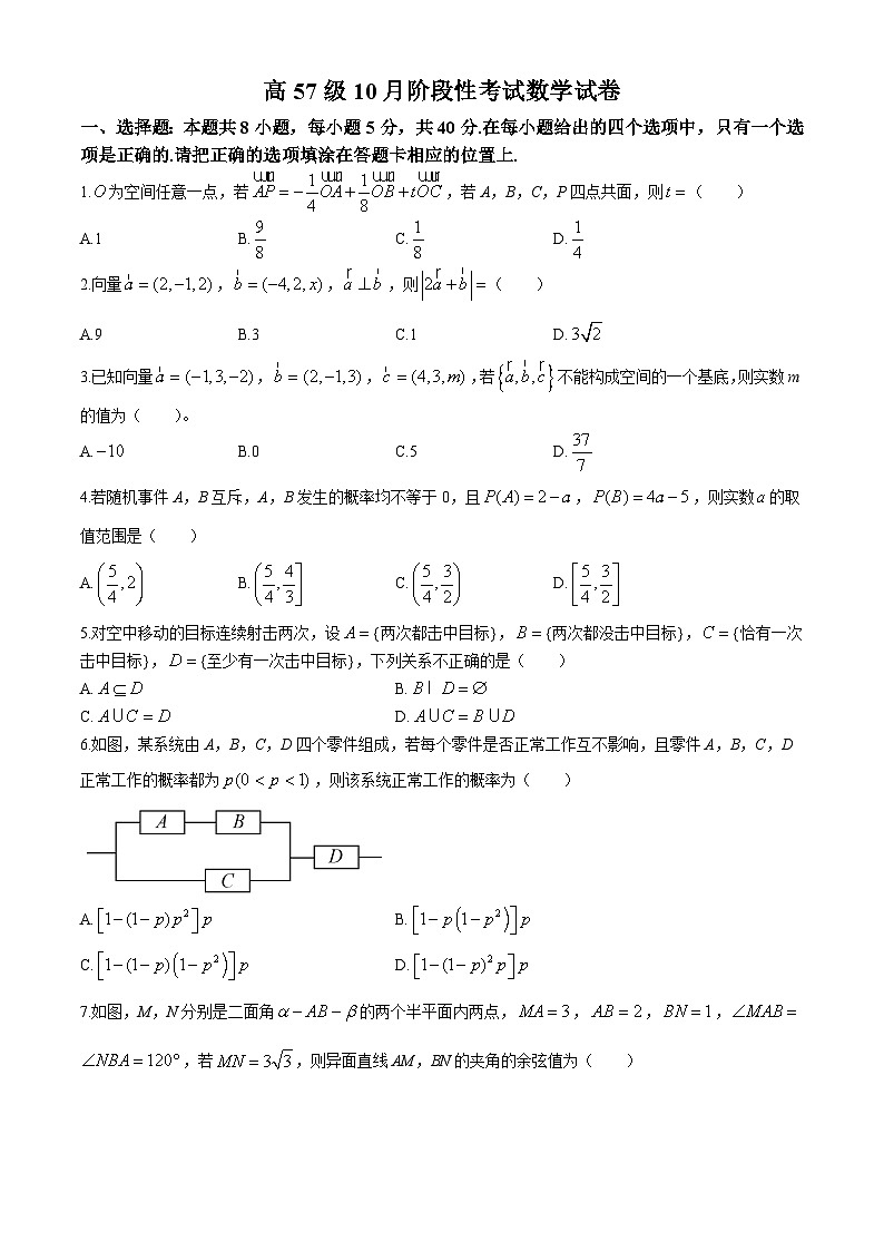 山东省淄博第十一中学2024-2025学年高二上学期10月月考数学试卷(无答案)第1页