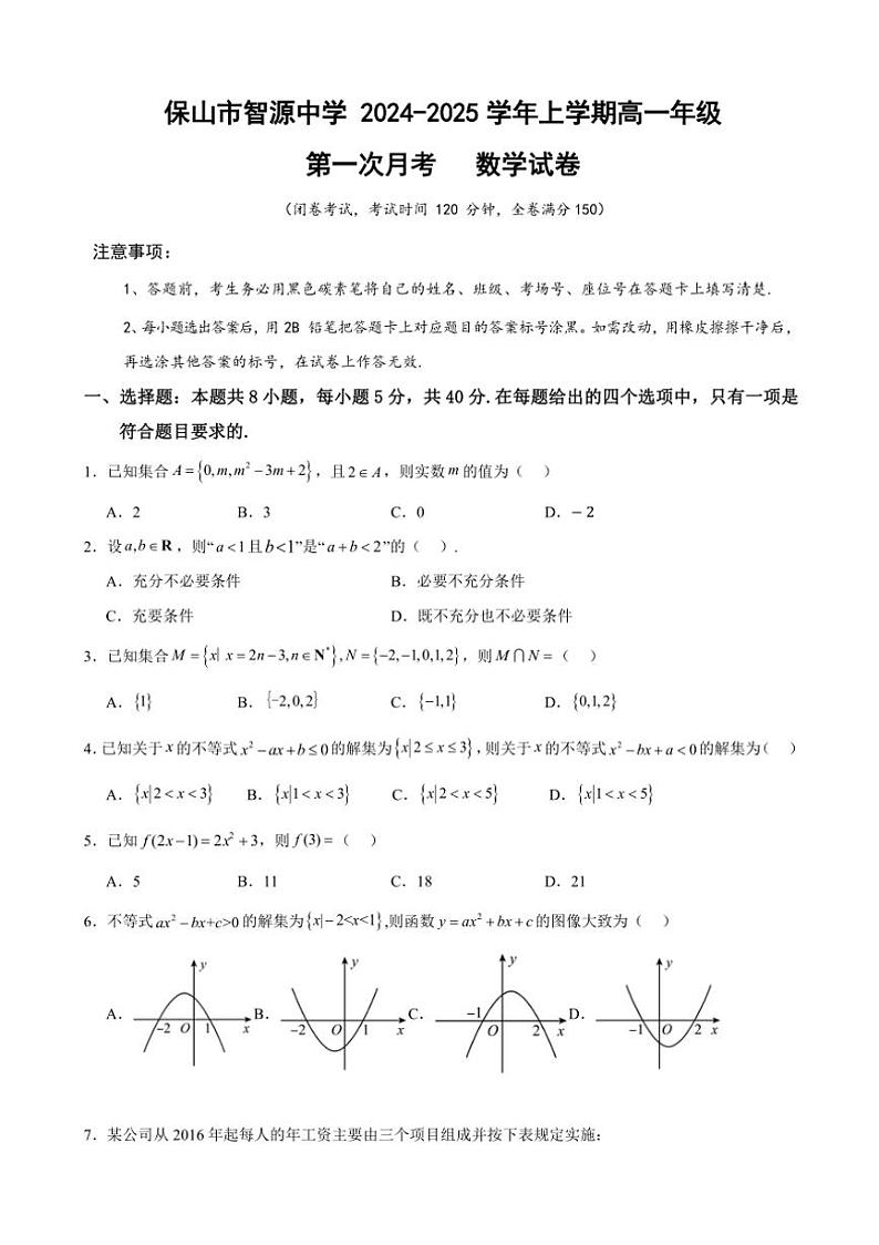 [数学]云南省保山市隆阳区保山市智源高级中学2024～2025学年高一上学期10月第一次月考试题(有答案)01