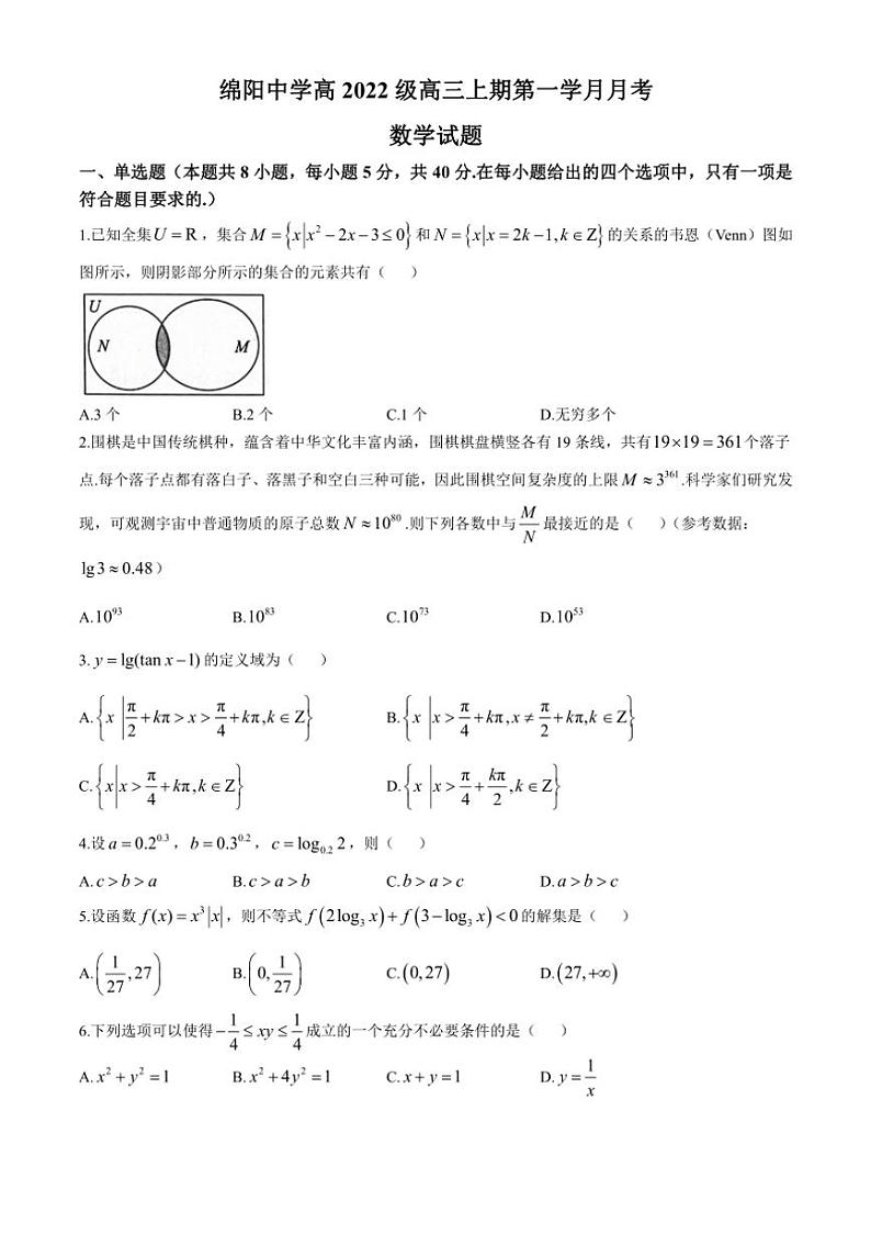[数学]四川省绵阳市绵阳中学2024～2025学年高三上学期10月月考试题(有答案)第1页