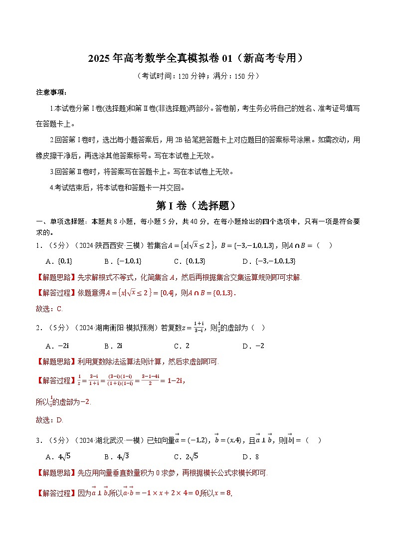 2025年高考数学全真模拟卷01（新高考专用）（含答案） 2025年高考数学一轮复习专练（新高考专用）01