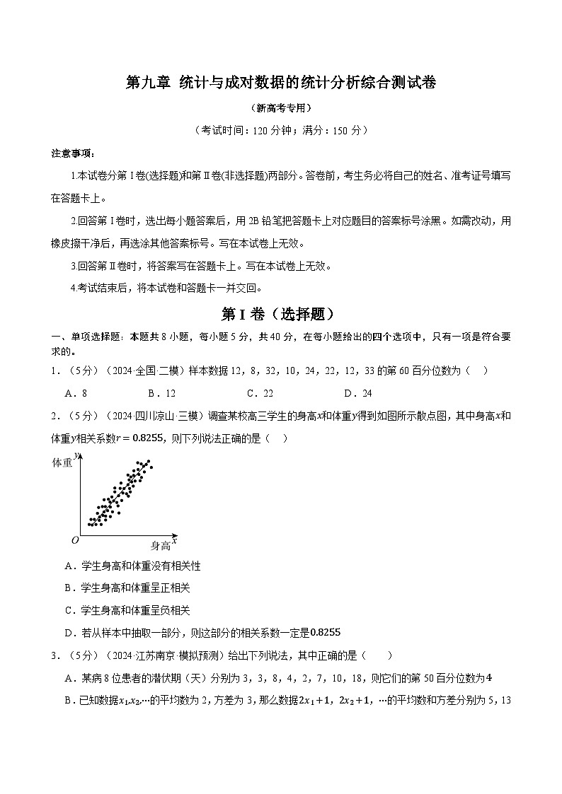 第九章 统计与成对数据的统计分析综合测试卷（新高考专用）（学生版） 2025年高考数学一轮复习专练（新高考专用）第1页