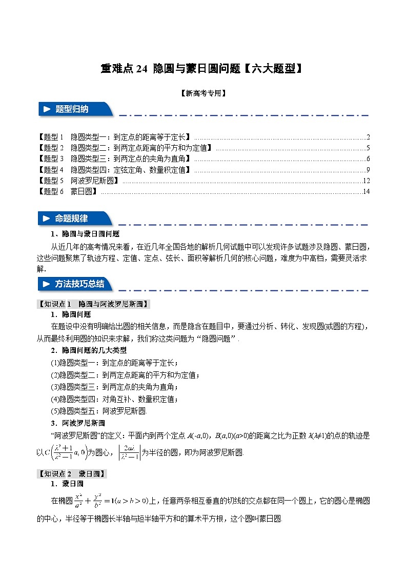 重难点24 隐圆与蒙日圆问题（举一反三）（新高考专用）（教师版） 2025年高考数学一轮复习专练（新高考专用）第1页