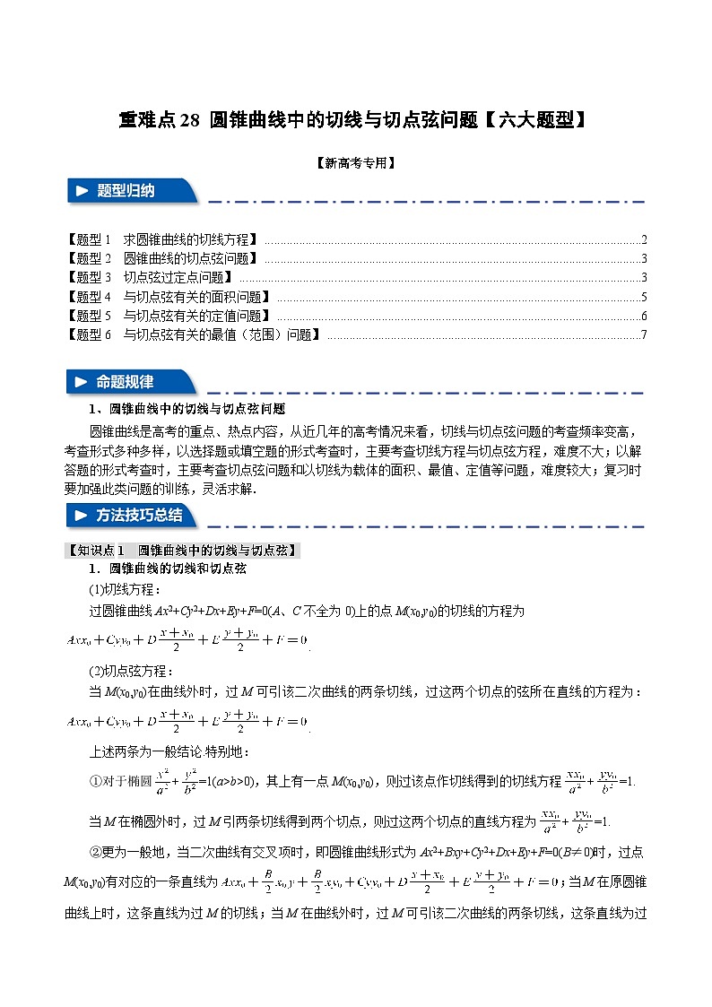 重难点28 圆锥曲线中的切线与切点弦问题（举一反三）（新高考专用）（含答案） 2025年高考数学一轮复习专练（新高考专用）01