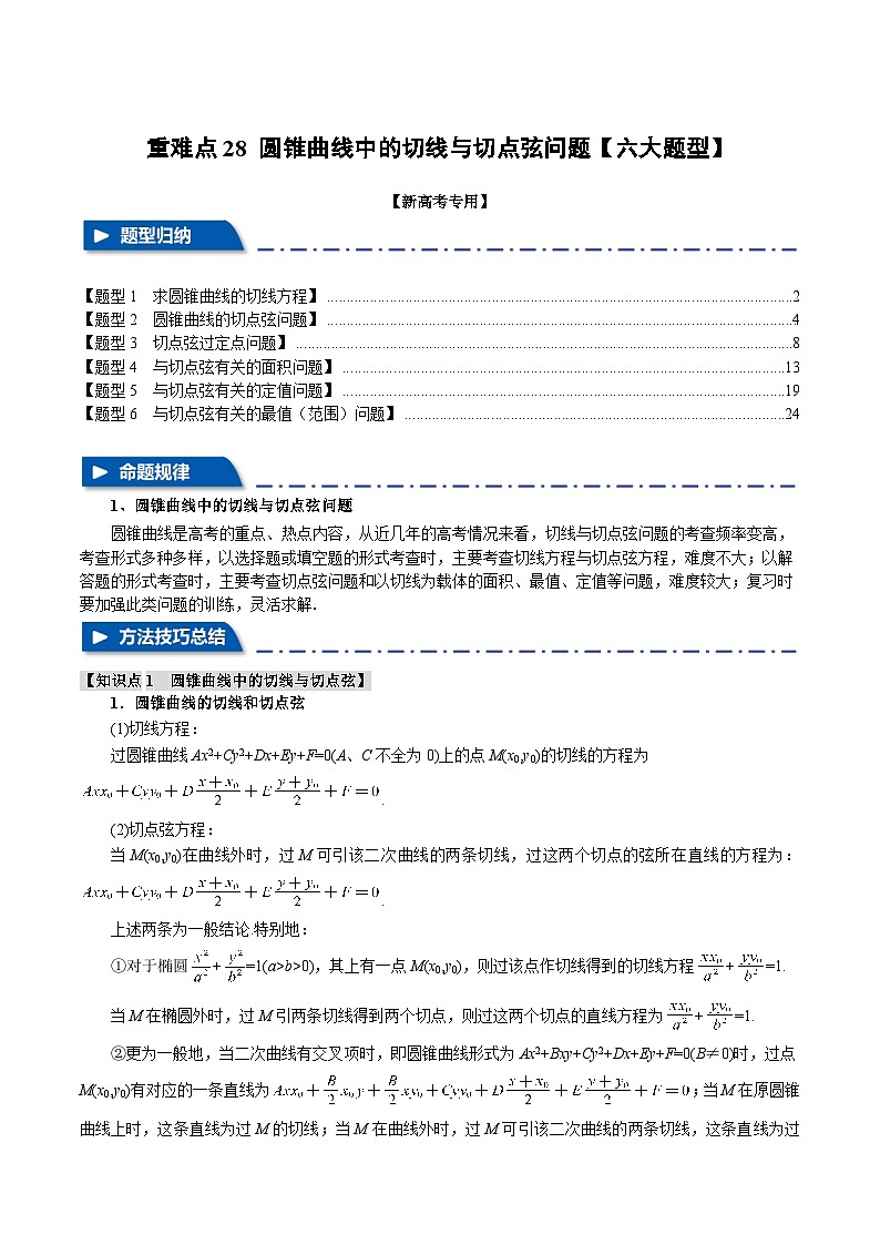 重难点28 圆锥曲线中的切线与切点弦问题（举一反三）（新高考专用）（含答案） 2025年高考数学一轮复习专练（新高考专用）01