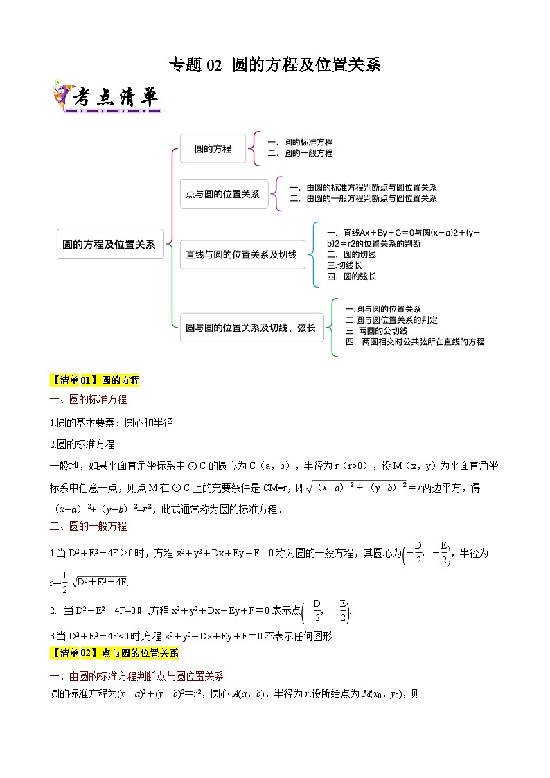 专题02圆的方程及位置关系（考点清单）（含答案） 2024-2025学年高二数学上学期期中考点大串讲（苏教版2019选择性必修第一册）学案01