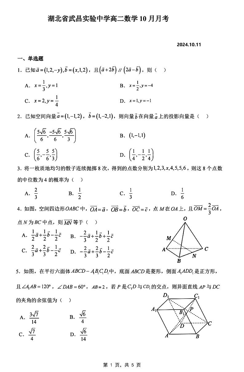 2024年10月湖北省武昌实验高二上10月月考数学试卷第1页