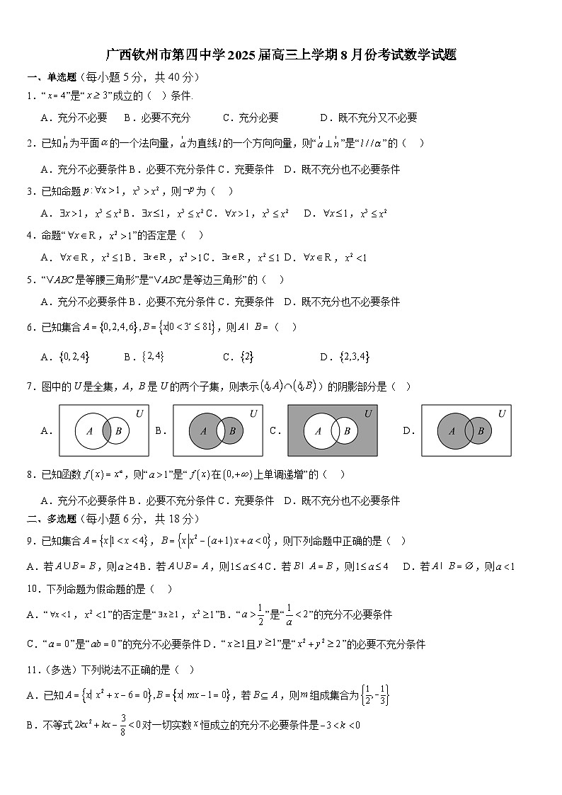 广西钦州市第四中学2025届高三上学期8月考试数学试题01