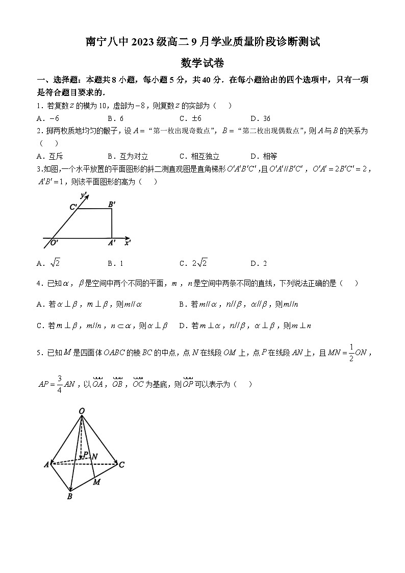 广西南宁市第八中学2024-2025学年高二上学期9月学业质量阶段诊断测试数学试卷(无答案)第1页
