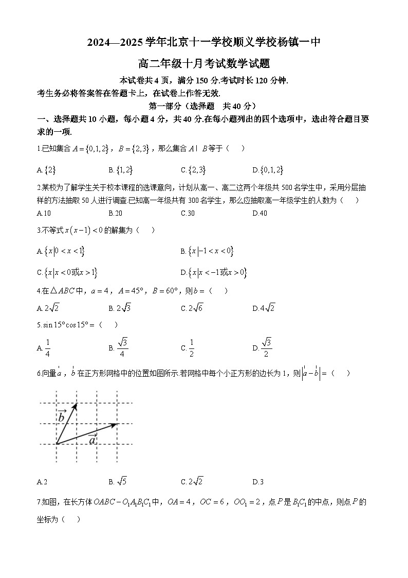 北京市十一学校顺义学校杨镇一中2024-2025学年高二上学期10月月考数学试题(无答案)第1页