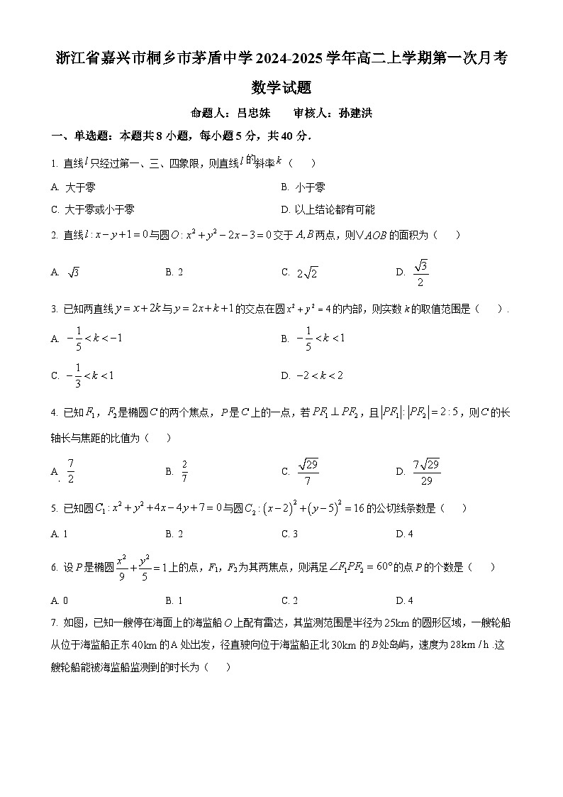 浙江省嘉兴市桐乡市茅盾中学2024-2025学年高二上学期第一次月考数学试题 Word版无答案第1页
