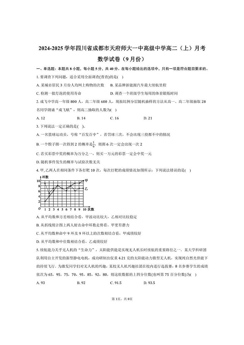 [数学]2024～2025学年四川省成都市天府师大一中高级中学高二(上)月考试卷(9月份)(有答案)01