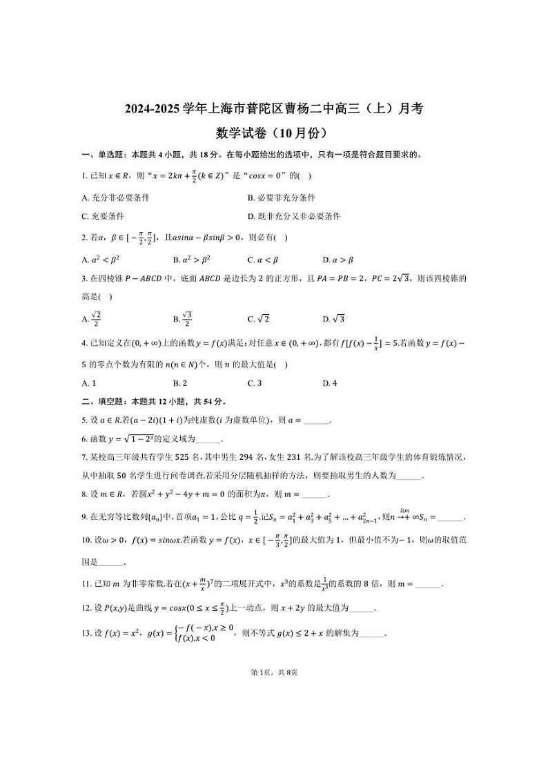 [数学]2024～2025学年上海市普陀区曹杨二中高三(上)月考试卷(10月份)(有答案)第1页