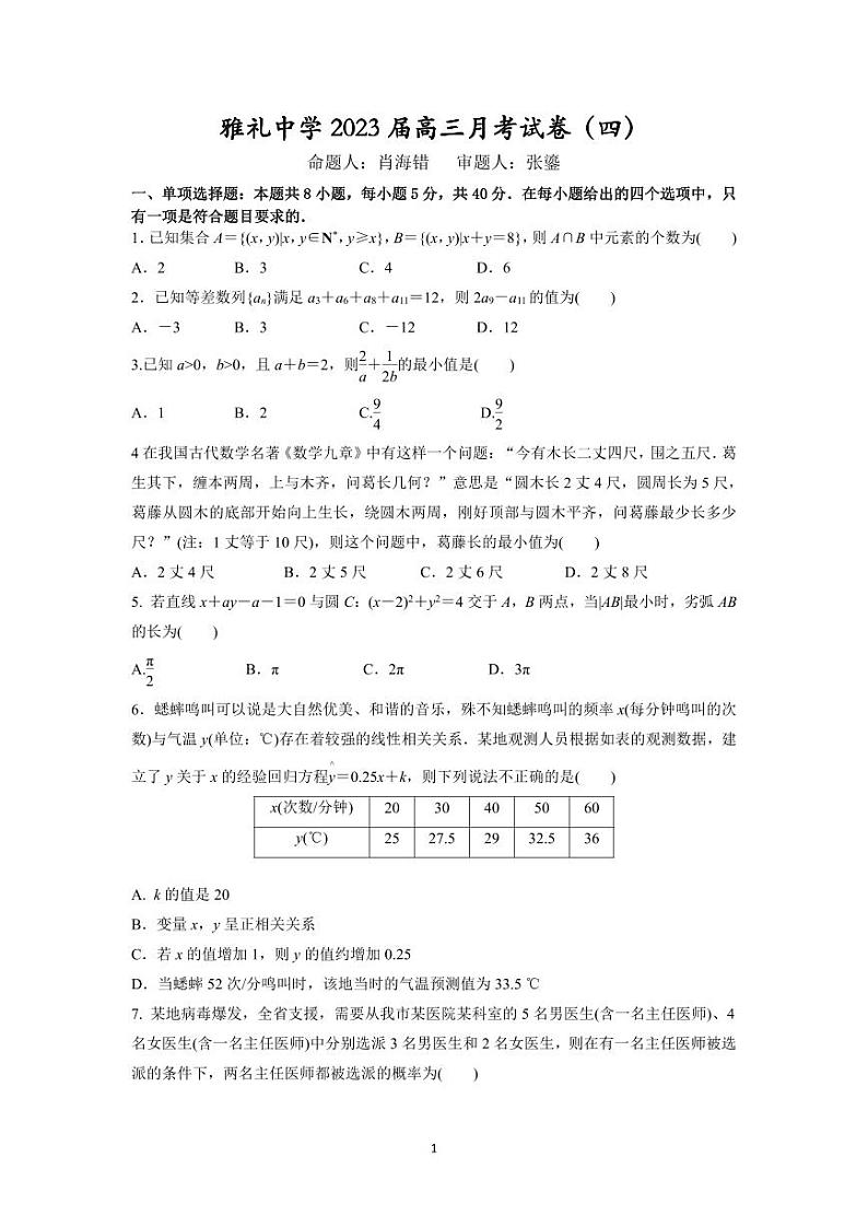 湖南省长沙市雅礼中学2023届高三上学期月考数学试卷（四）第1页