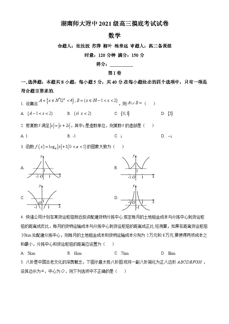 精品解析：湖南师范大学附属中学2024届高三上学期摸底考试数学试题（原卷版）第1页
