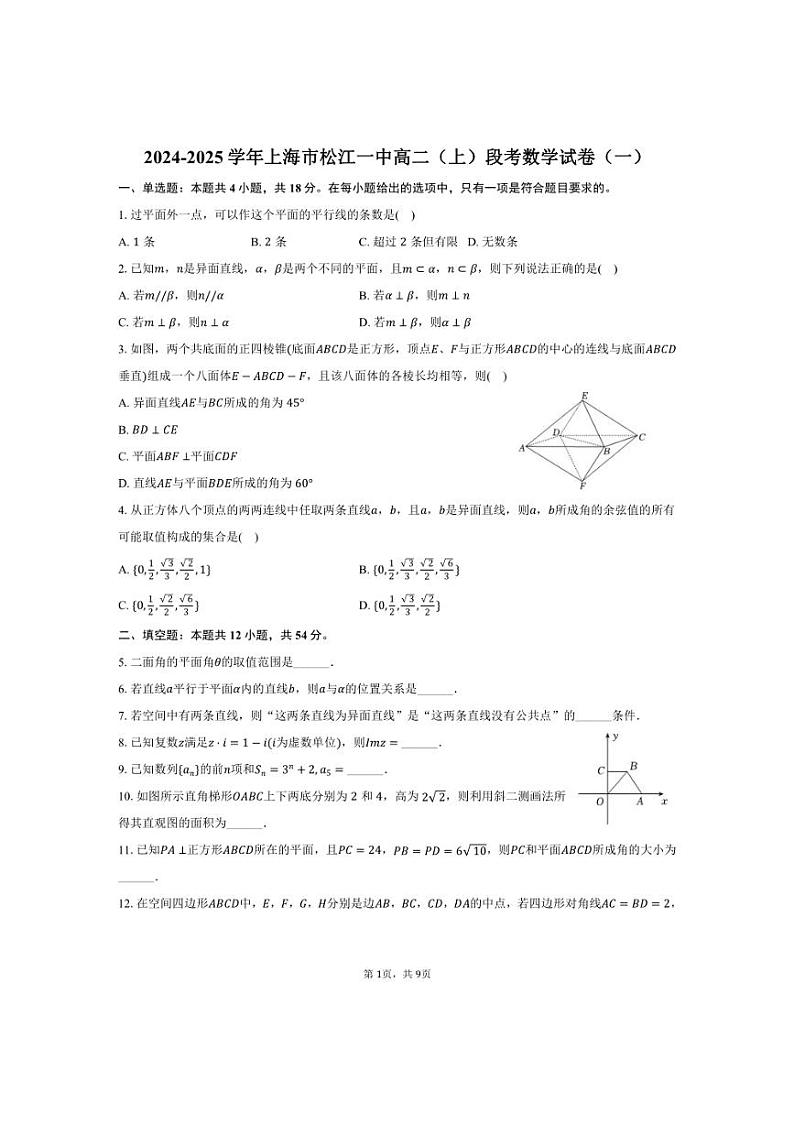 [数学]2024～2025学年上海市松江一中高二(上)段考月考试卷(一)(有答案)第1页