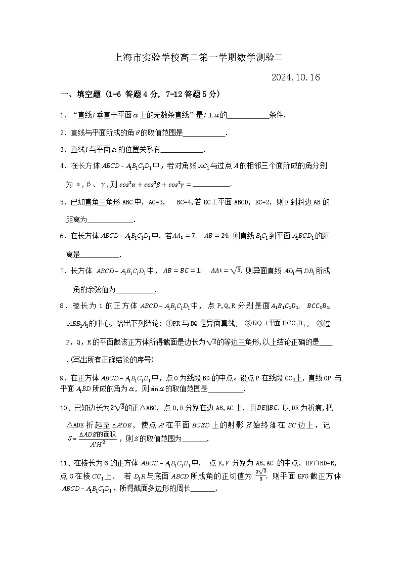 2024-2025年上海市实验学校高二10月数学测验第1页