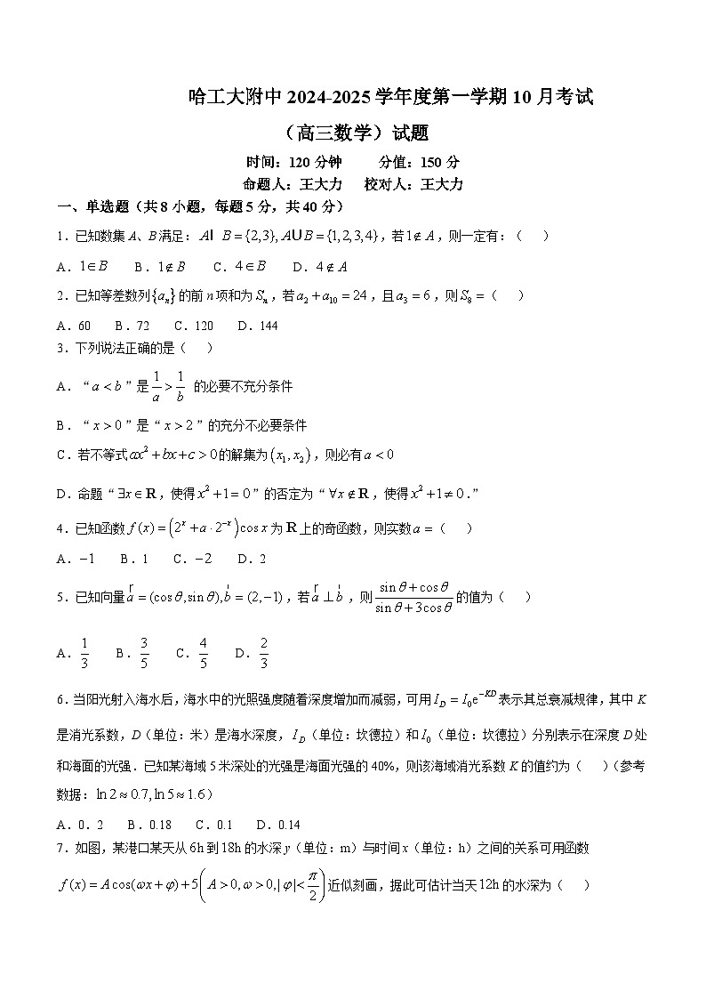 黑龙江省哈尔滨工业大学附属中学校2024-2025学年高三上学期10月考试数学试题(无答案)第1页