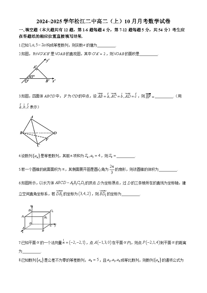 上海市松江二中2024-2025学年高二上学期10月月考数学试卷第1页