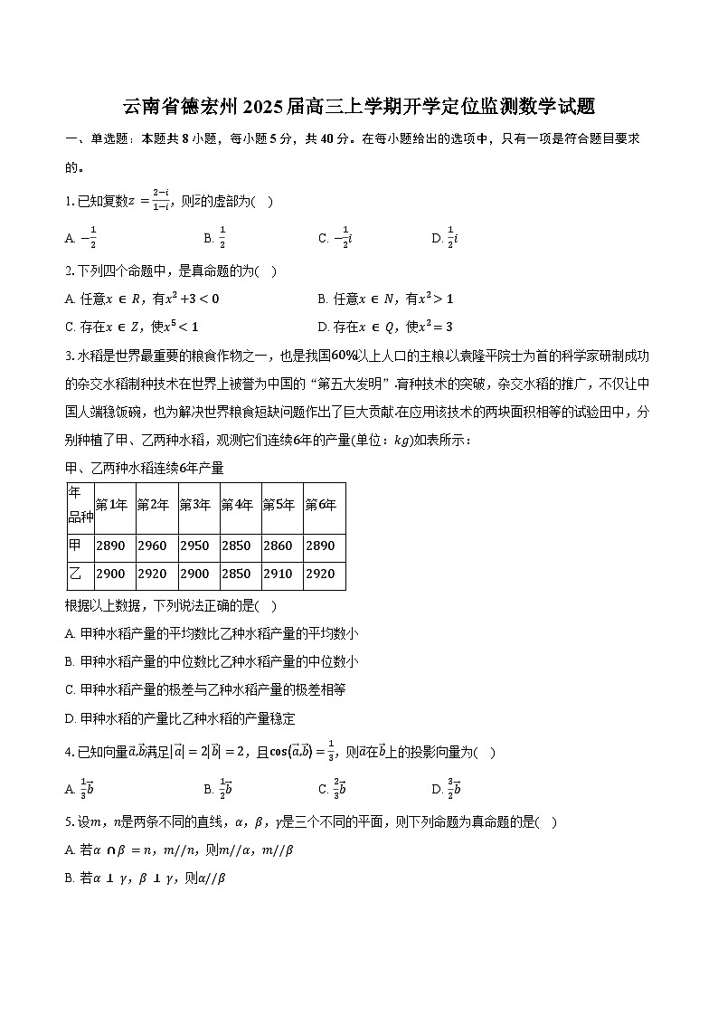 云南省德宏州2025届高三上学期开学定位监测数学试题（含答案）第1页