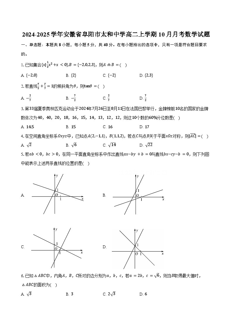 2024-2025学年安徽省阜阳市太和中学高二上学期10月月考数学试题（含答案）01