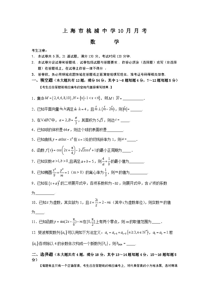 上海市桃浦中学2025届高三上学期10月月考数学试题第1页