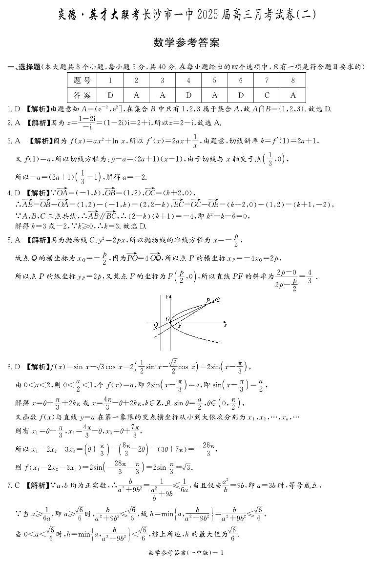长沙市一中2025届高三月考试卷（二）数学参考答案第1页