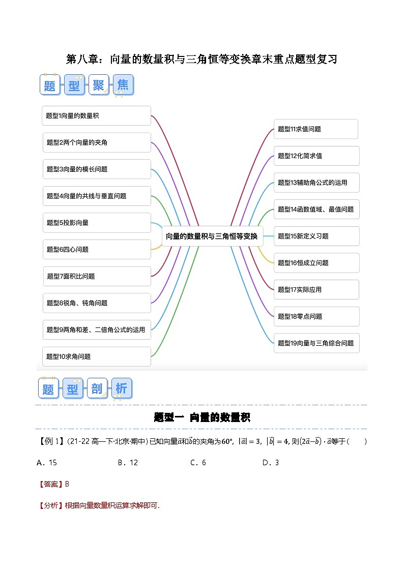 人教B版（2019）高中数学必修第三册 第八章 向量的数量积与三角恒等变换 章末重点题型复习（原卷+解析卷）01
