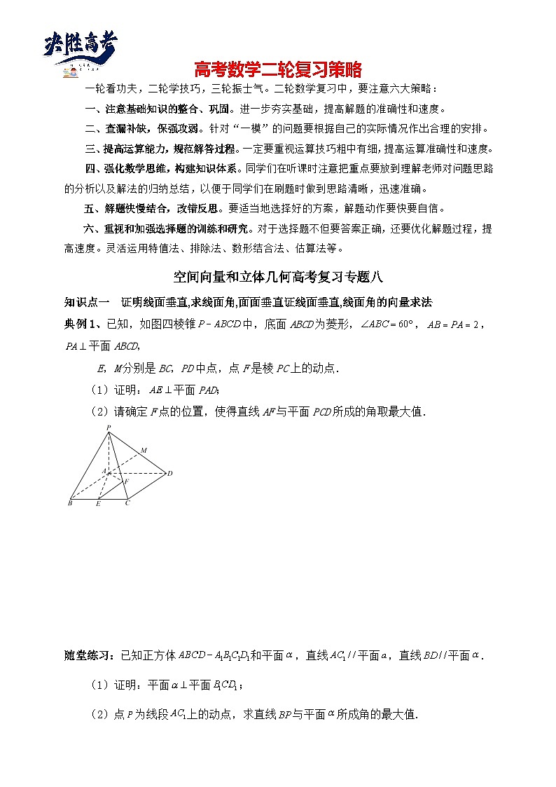 2025年高考数学二轮专题复习（讲义）--空间向量和立体几何专题八（含解析）第1页