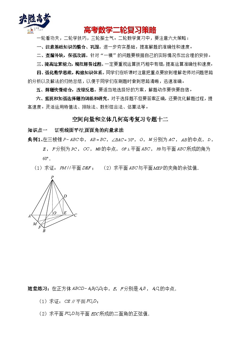 2025年高考数学二轮专题复习（讲义）--空间向量和立体几何专题十二（含解析）第1页