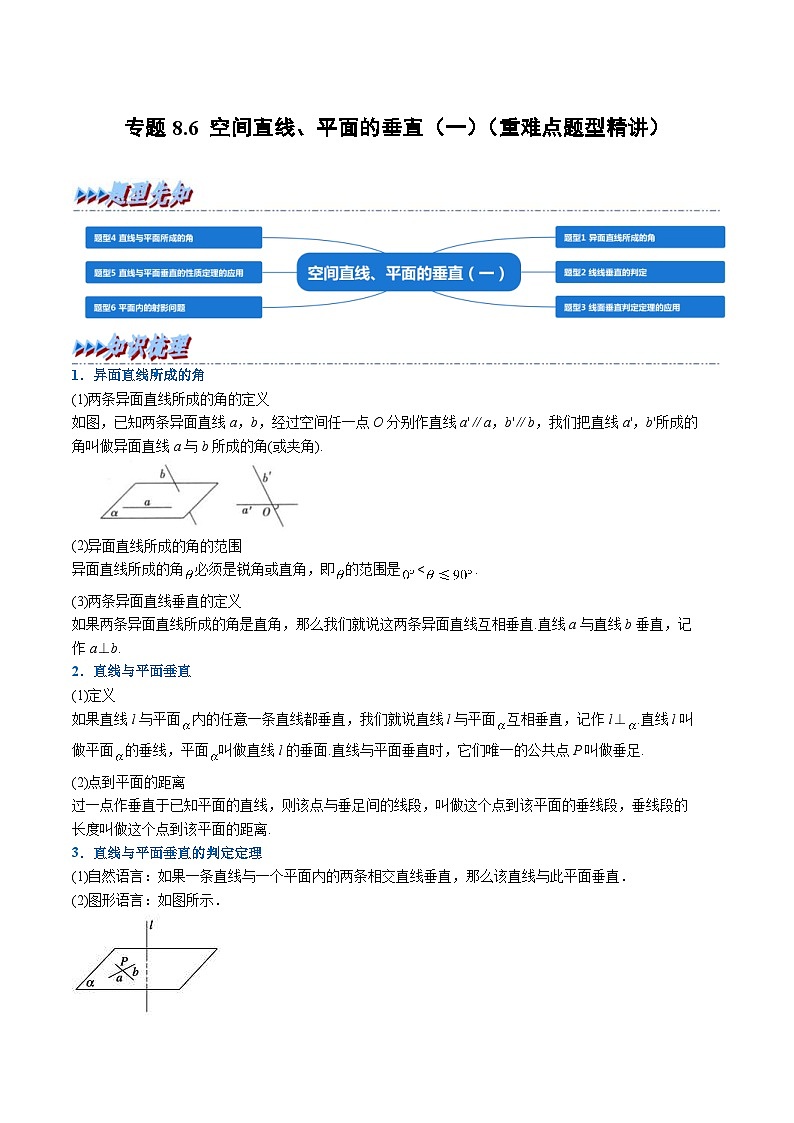 人教A版高中数学（必修第二册）重难点题型讲练测 8.6 空间直线、平面的垂直（一）（教师版）第1页