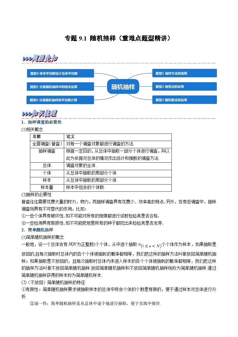 人教A版高中数学（必修第二册）重难点题型讲练测 9.1 随机抽样（教师版）第1页