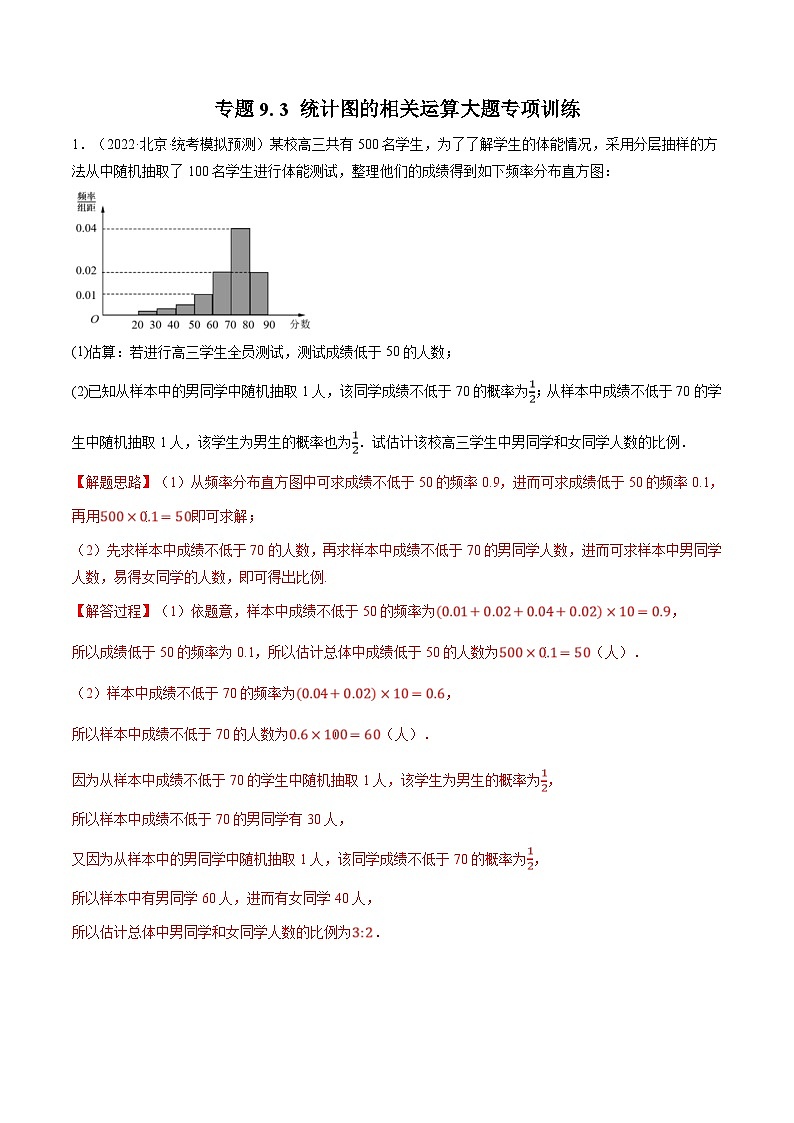 人教A版高中数学（必修第二册）重难点题型讲练测 9.3 统计图的相关运算大题专项训练（教师版）第1页