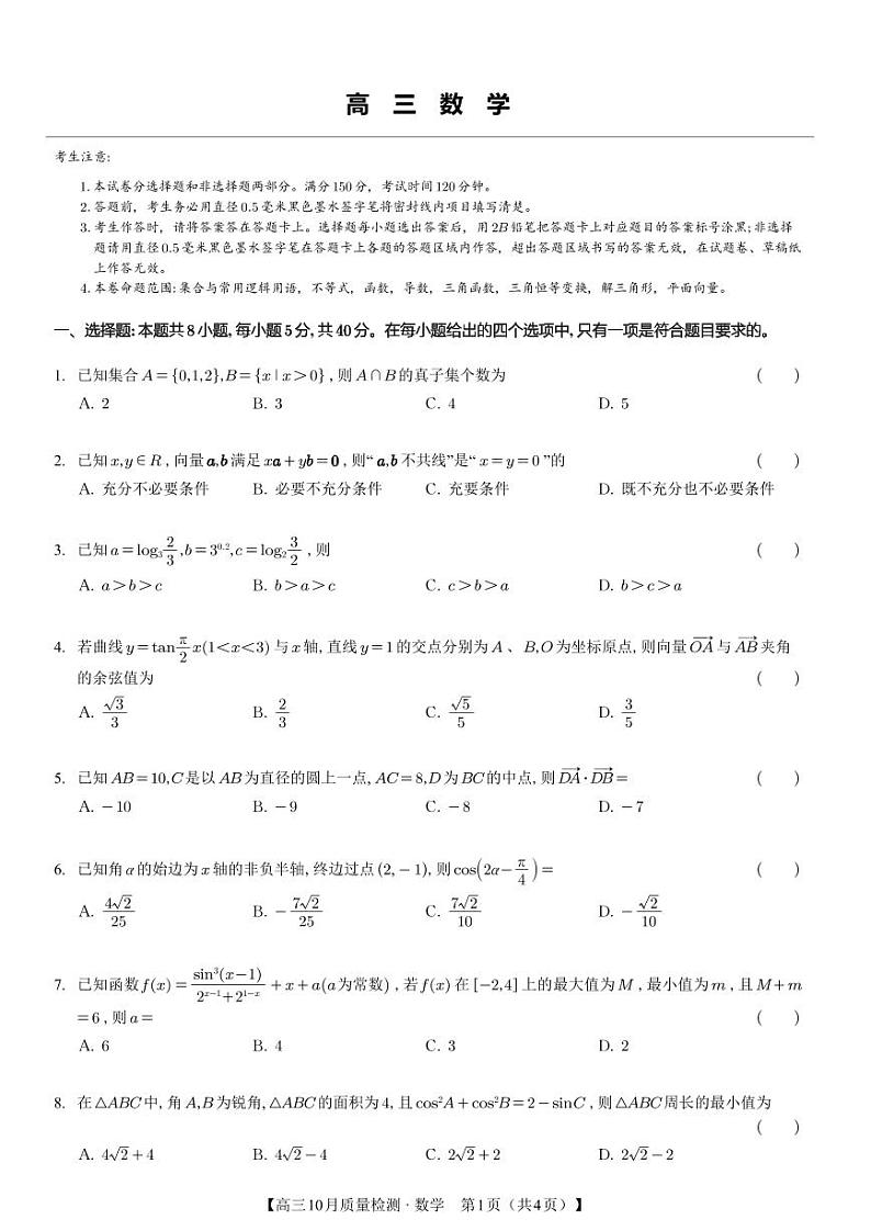 甘肃省张掖市部分学校2024-2025学年高三上学期10月质量检测数学试卷第1页